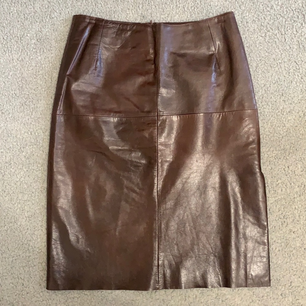 ADEC Rouge Ligne Brown Leather Knee Length Side Slit Skirt